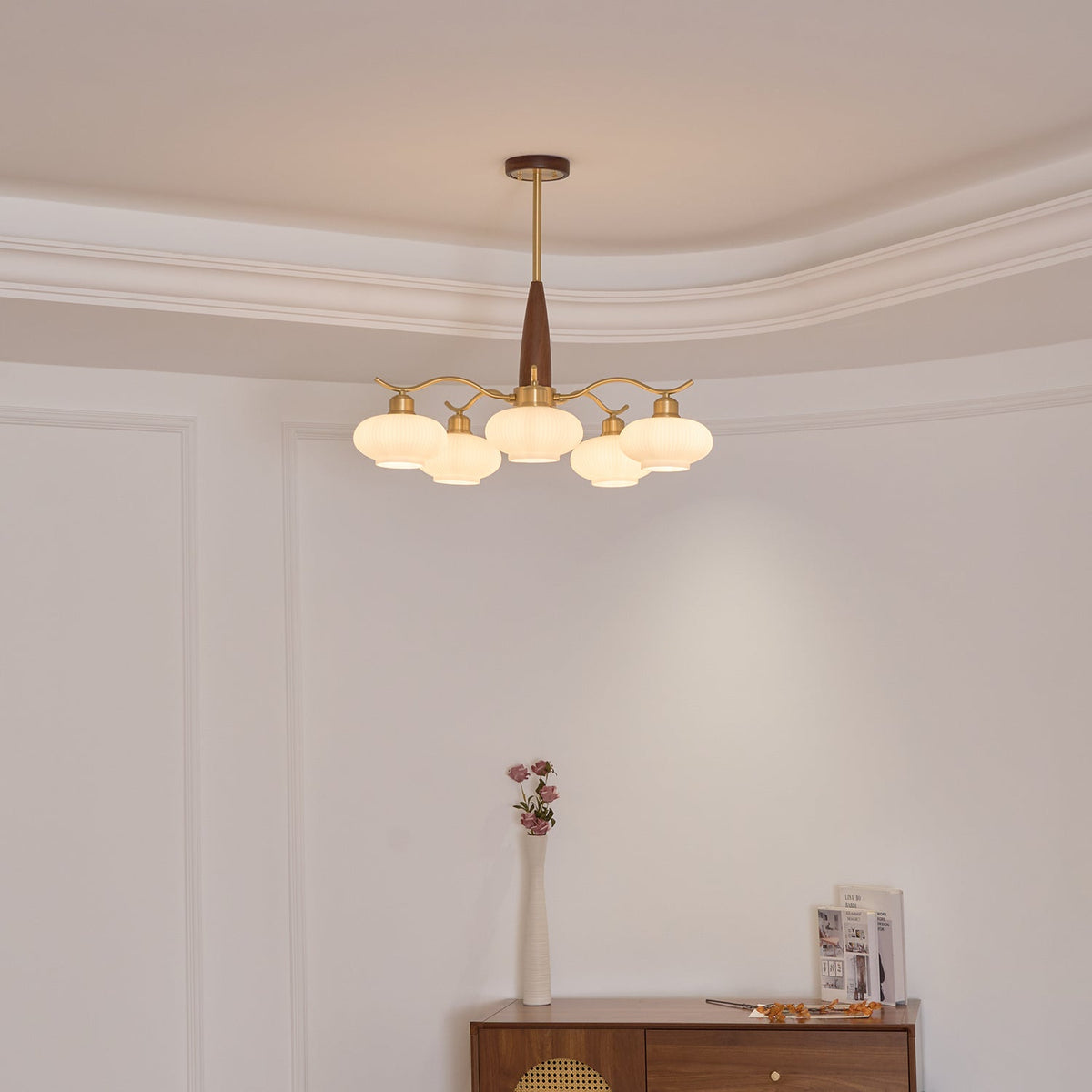 Cavien Brass and Walnut Chandelier-Neutral Decor