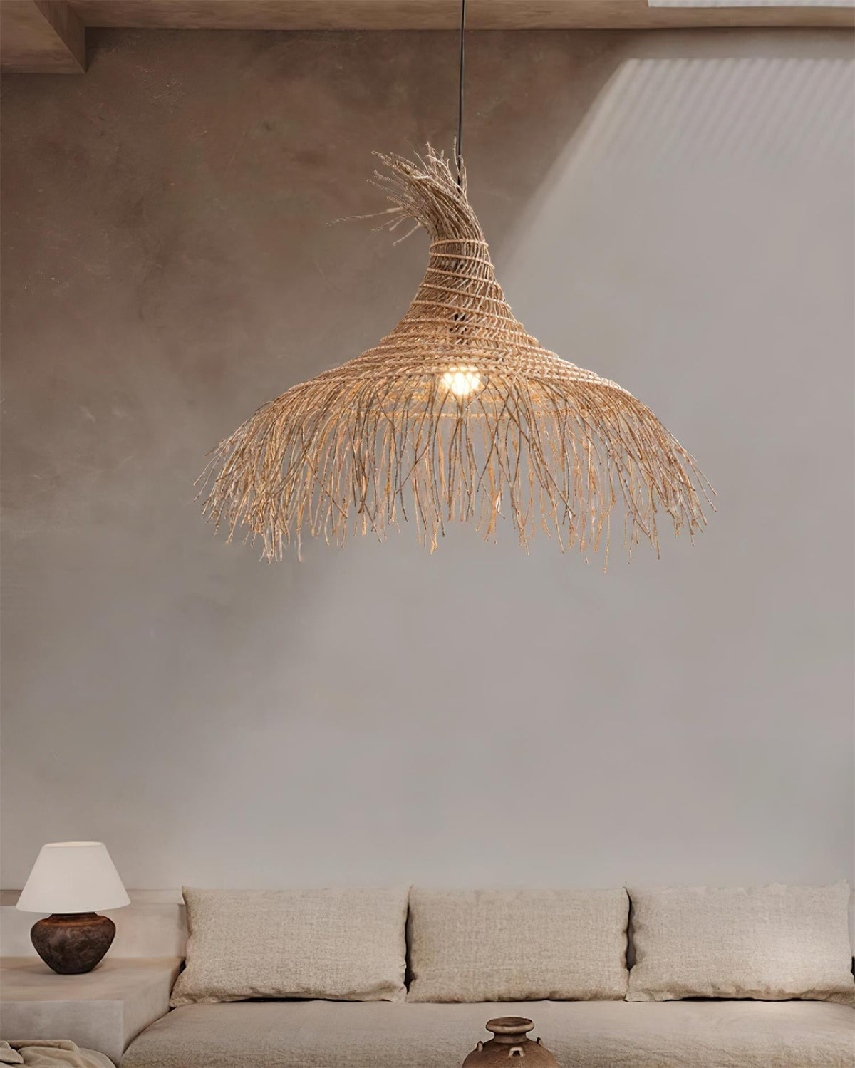 Pendant Light Handwoven Rattan Shade Metal Frame Bohemian Natural-Neutral Decor
