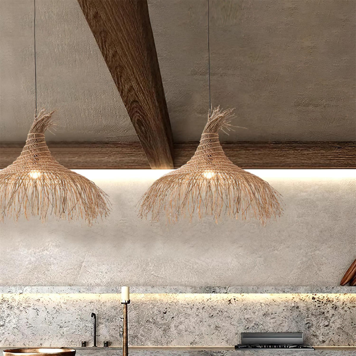 Pendant Light Handwoven Rattan Shade Metal Frame Bohemian Natural-Neutral Decor