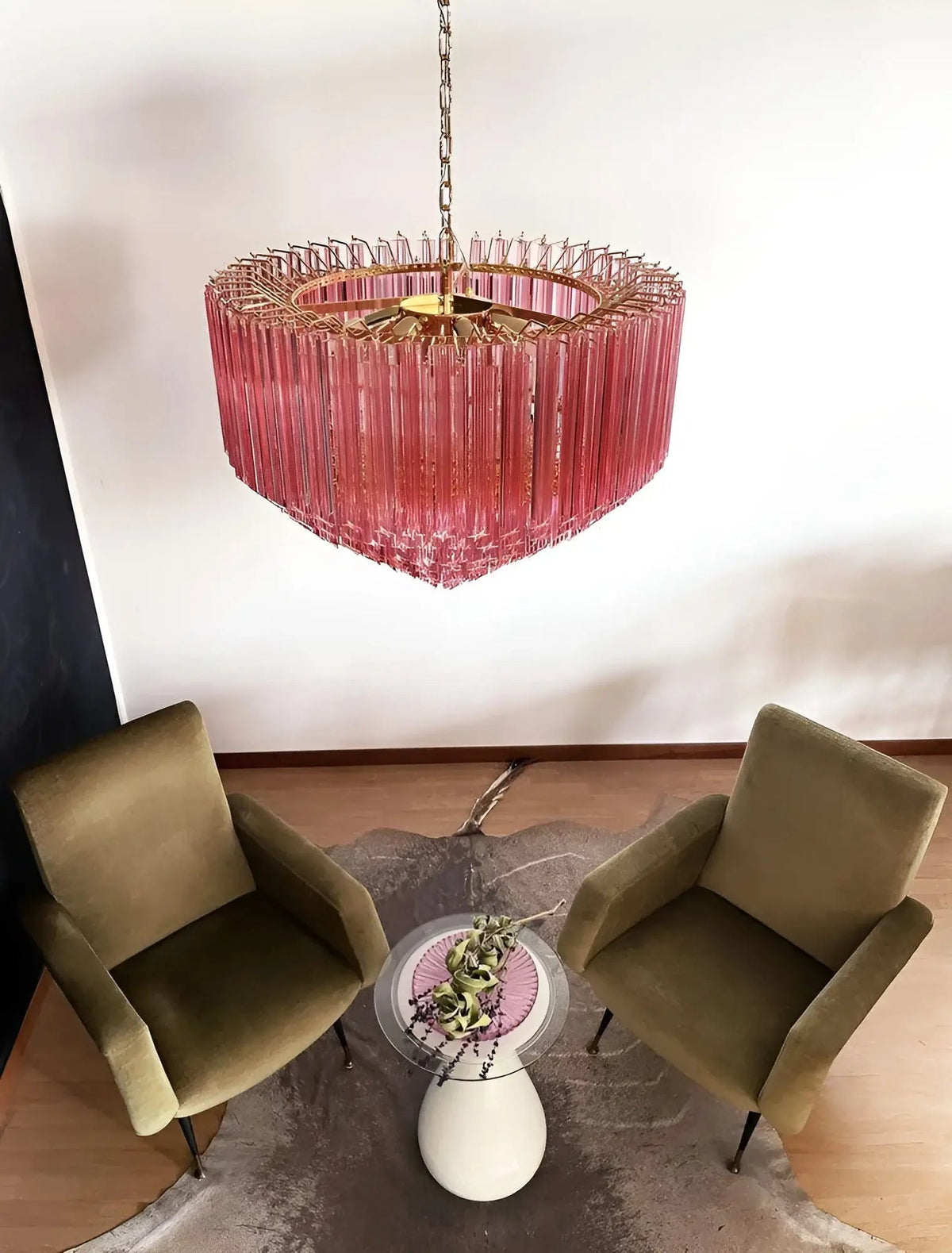 Rivisse Lustre Rose Verre Prismes Géométrique