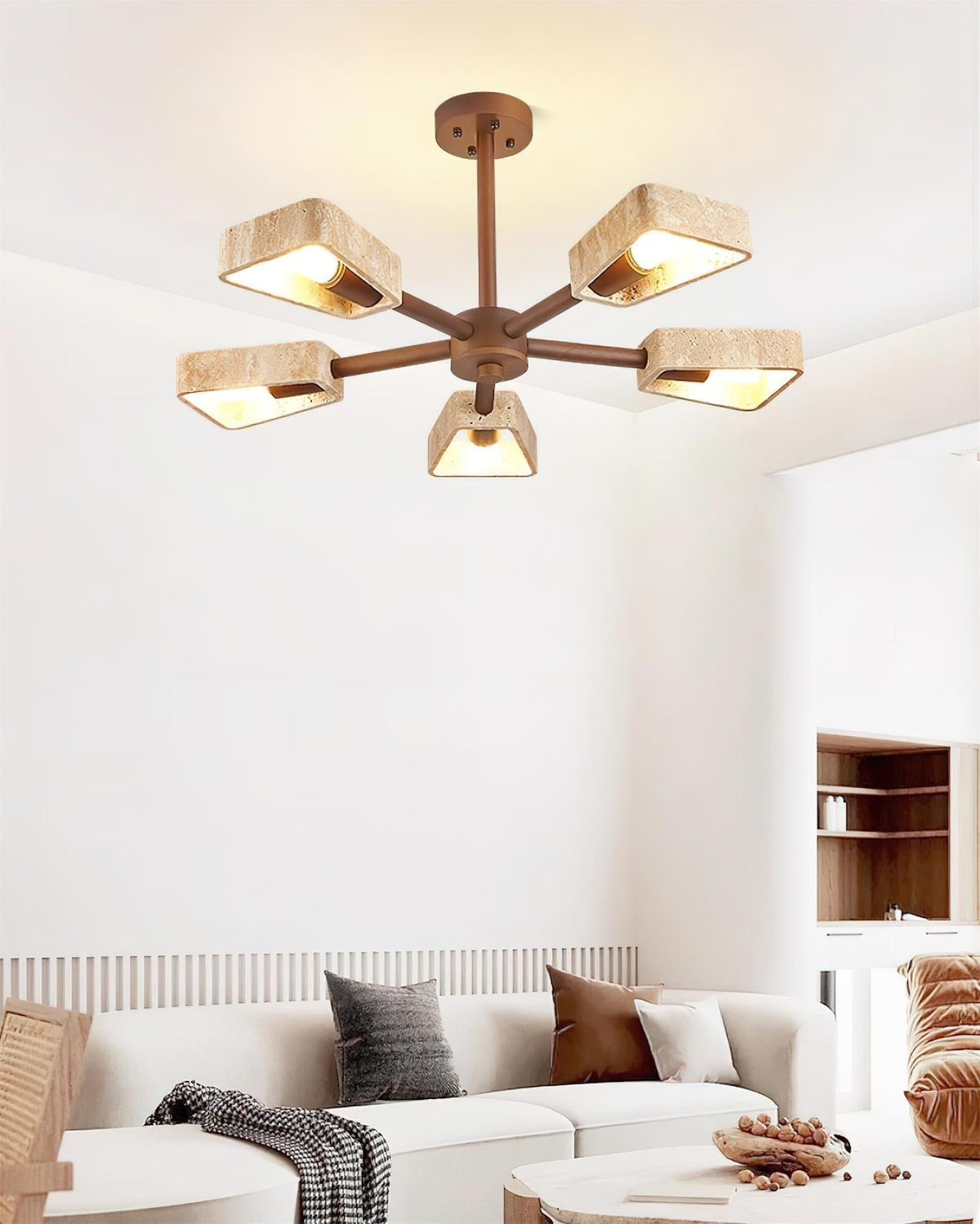 Feyno Travertine & Wood Ceiling Light-Neutral Decor