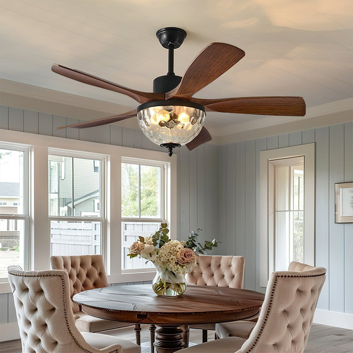 Side view of the Radar Ceiling Fan Light showing the motor housing and blades.