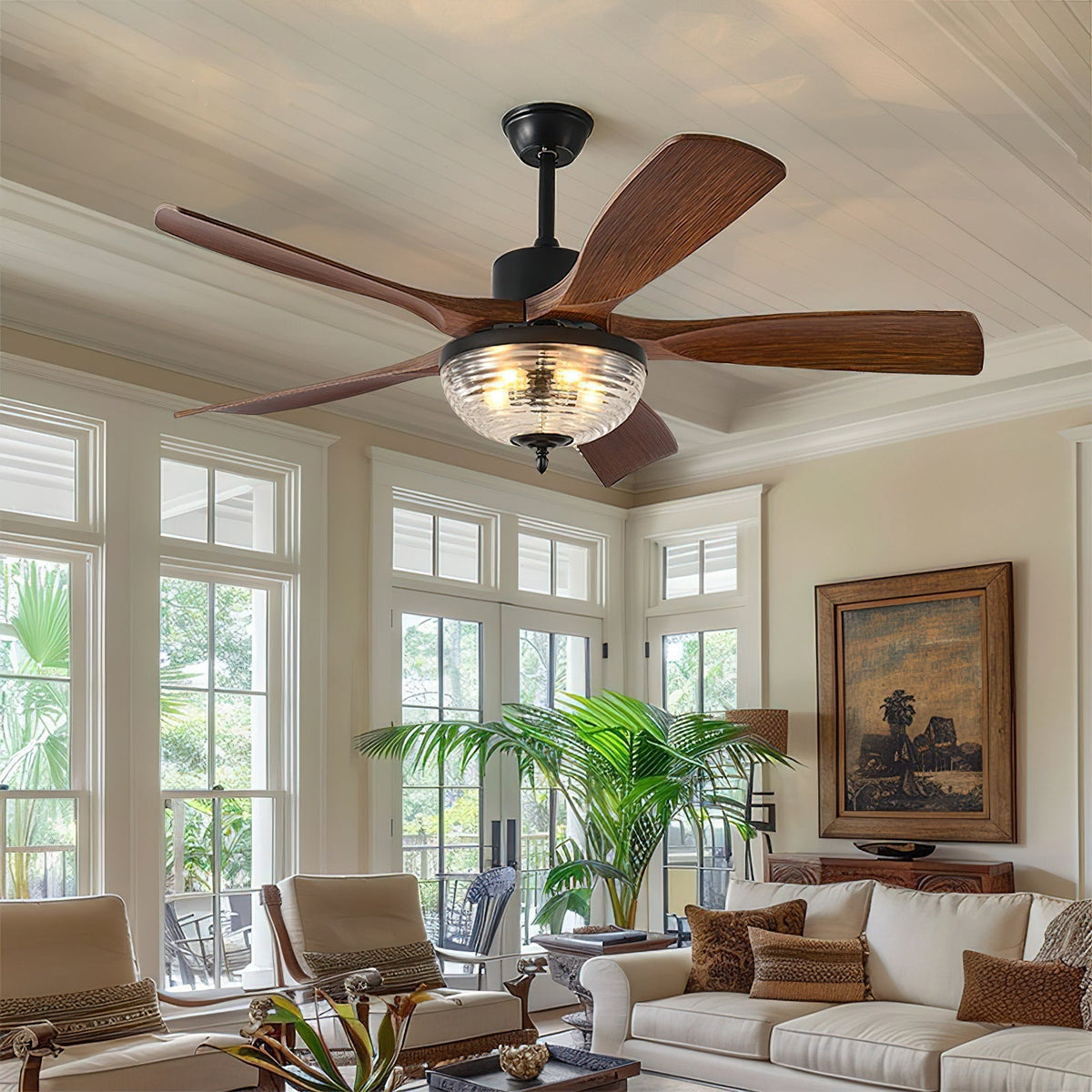 Close-up of the caged light fixture on the Radar Ceiling Fan.