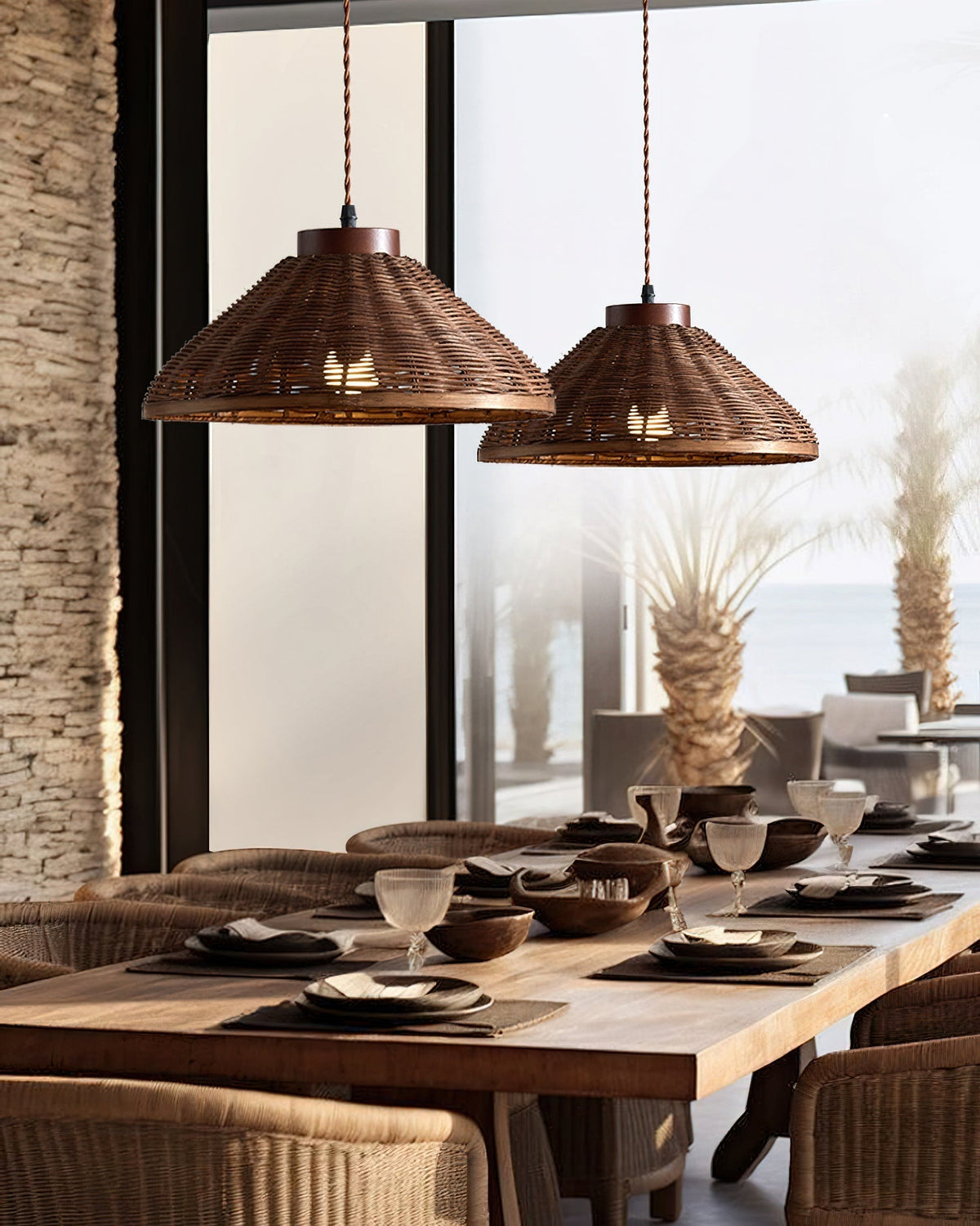 The dome-shaped Rasa Pendant Light illuminated, casting a warm, ambient glow.