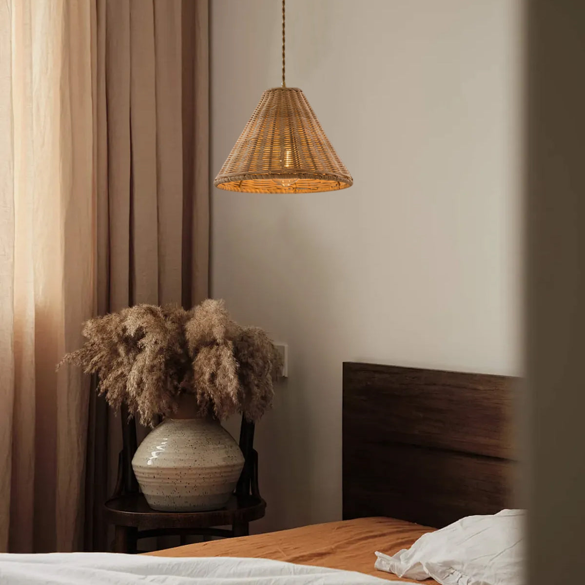 Pendant Lamp Rattan Shade and Metal Body Cone Shape Natural Minimalist-Neutral Decor