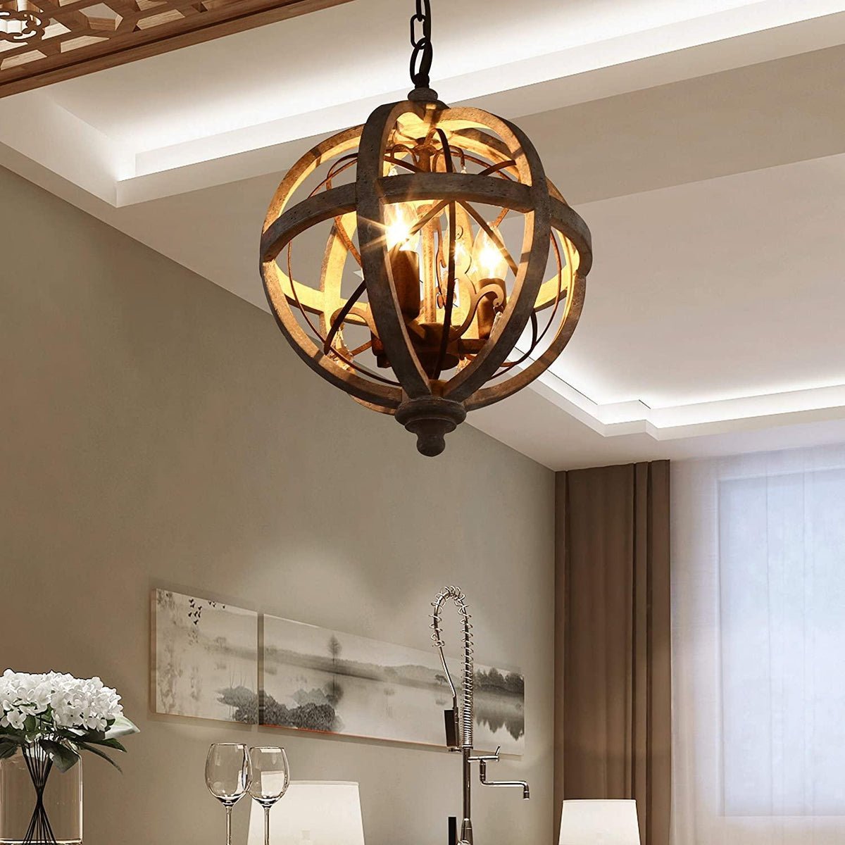 Lororia Lustre Globe Rétro avec Bois Vieilli