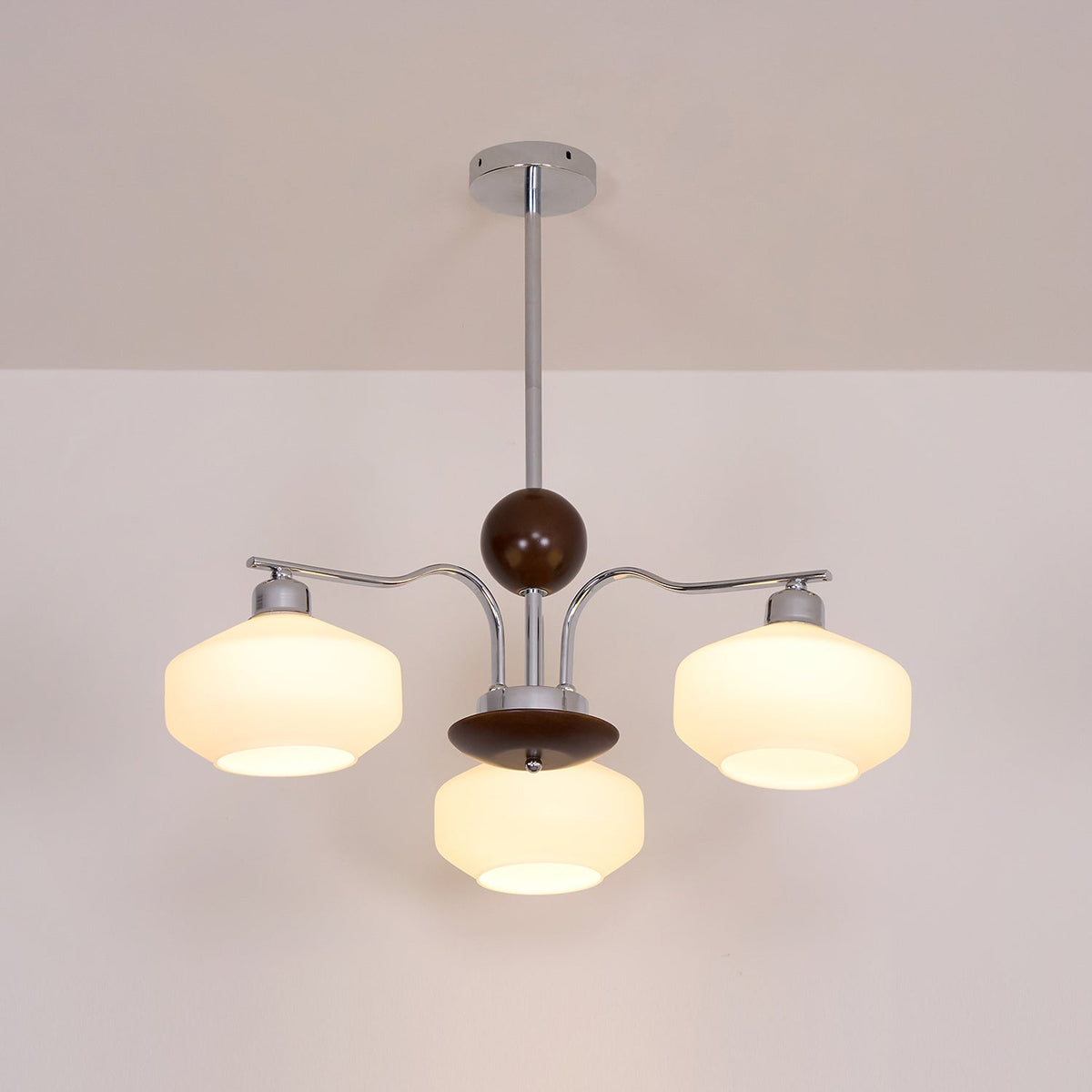 Chandelier White Glass Shades Chrome Walnut Arms Retro-Neutral Decor