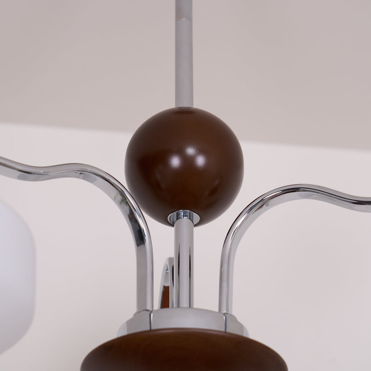 Chandelier White Glass Shades Chrome Walnut Arms Retro-Neutral Decor
