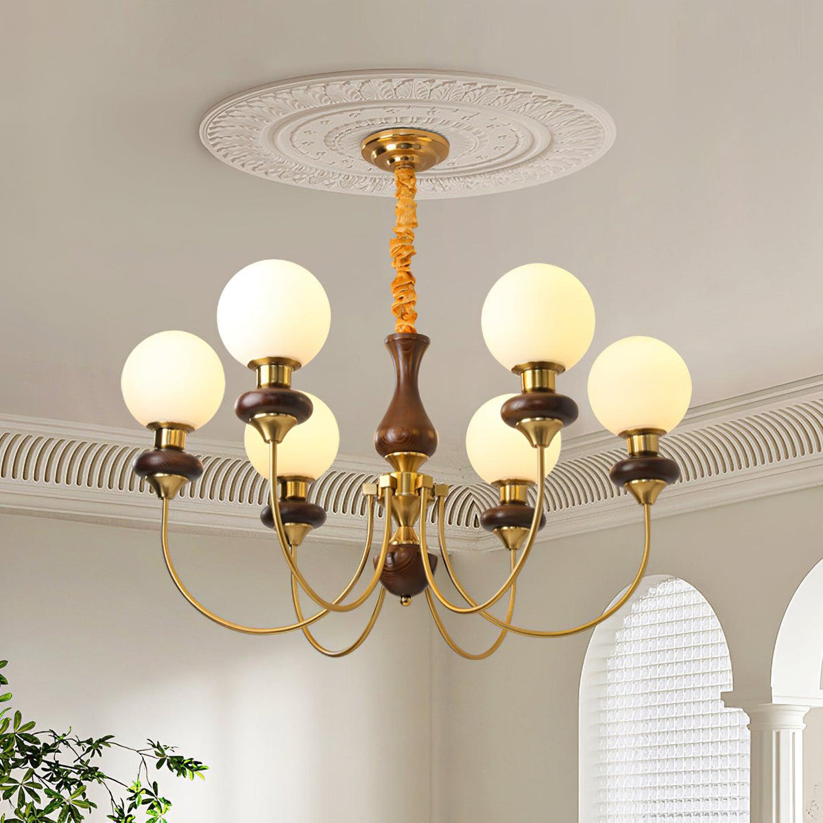 Chandelier Brass Curved Arms Walnut Vintage-Neutral Decor