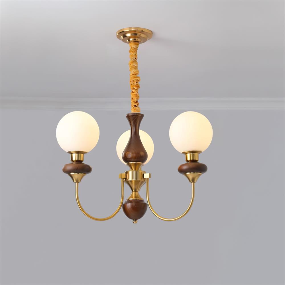 Chandelier Brass Curved Arms Walnut Vintage-Neutral Decor