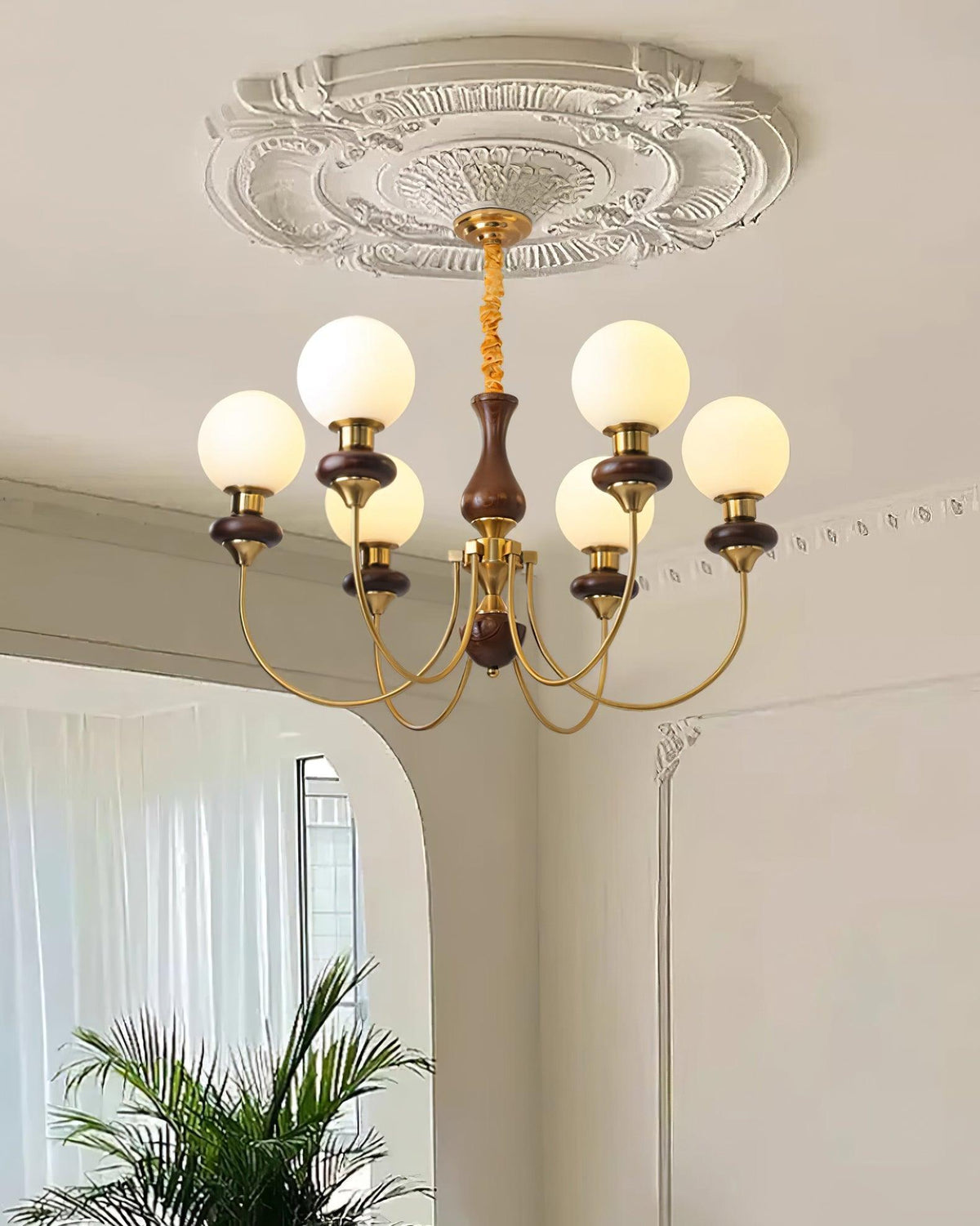 Chandelier Brass Curved Arms Walnut Vintage-Neutral Decor