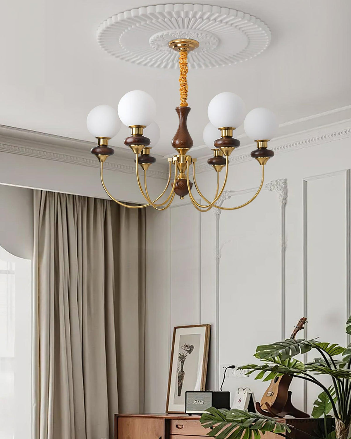 Chandelier Brass Curved Arms Walnut Vintage-Neutral Decor