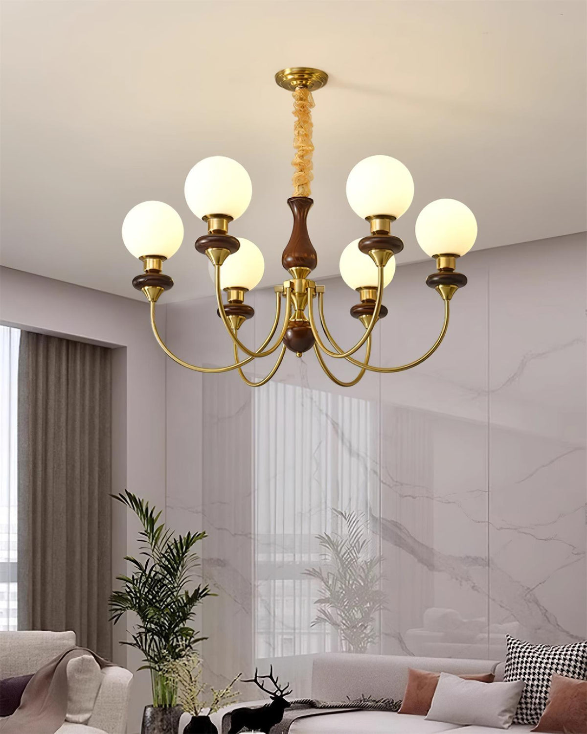 Chandelier Brass Curved Arms Walnut Vintage-Neutral Decor