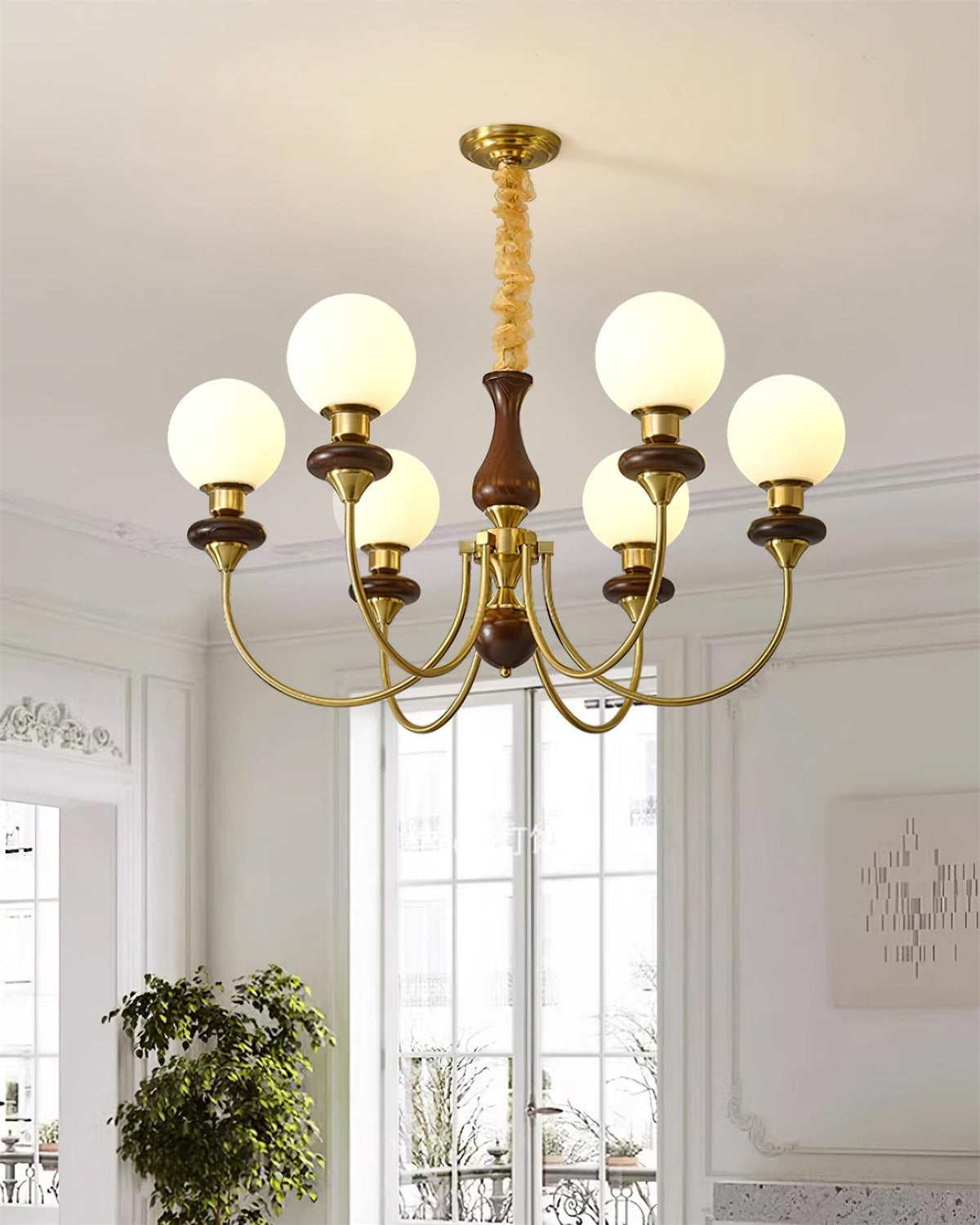 Chandelier Brass Curved Arms Walnut Vintage-Neutral Decor