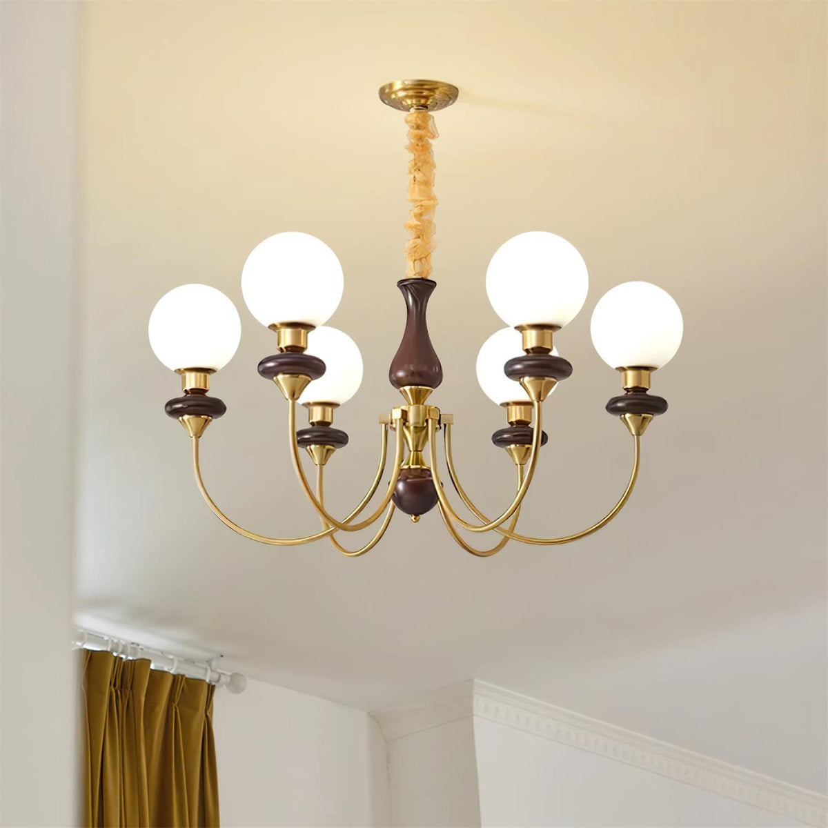 Chandelier Brass Curved Arms Walnut Vintage-Neutral Decor