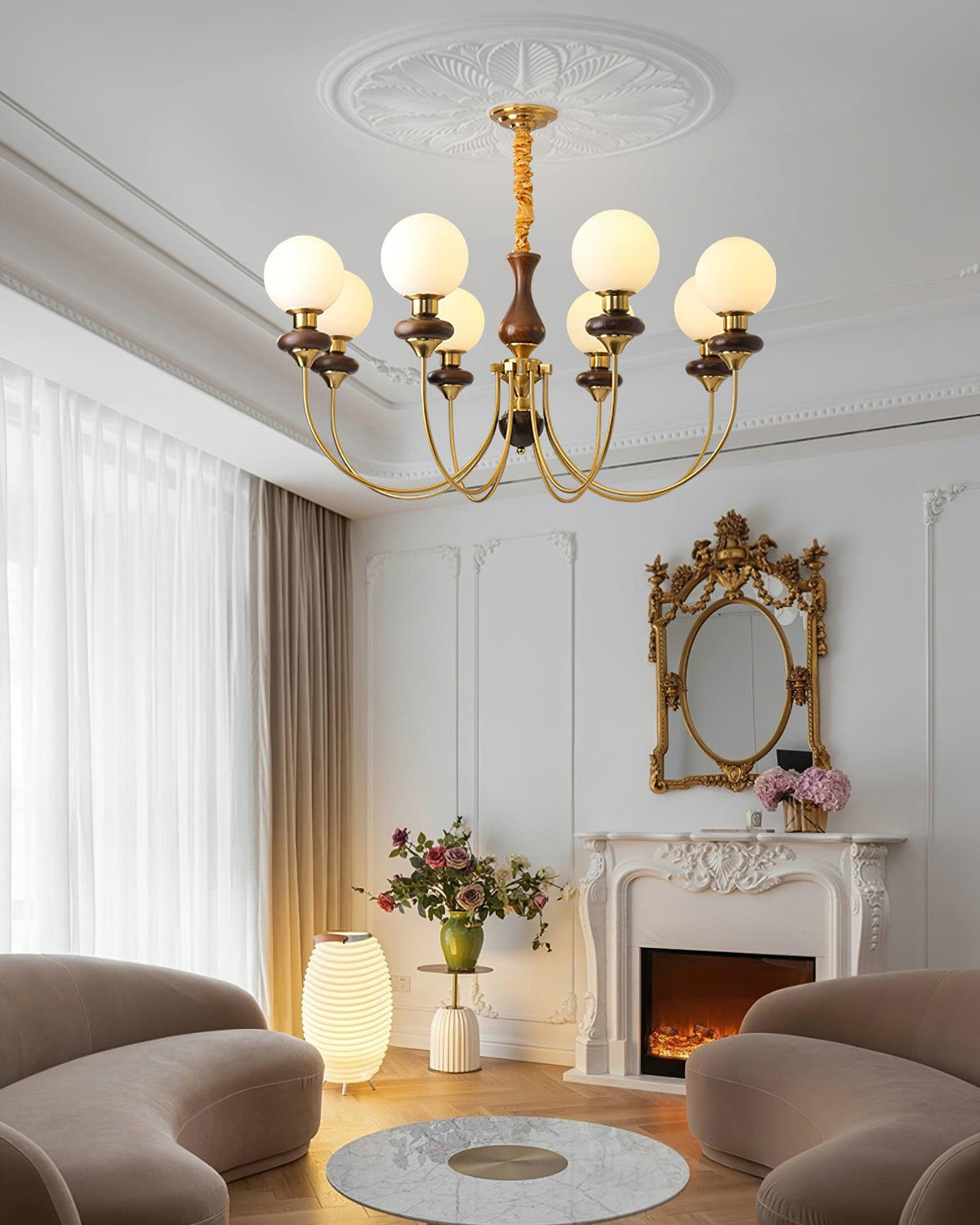 Chandelier Brass Curved Arms Walnut Vintage-Neutral Decor