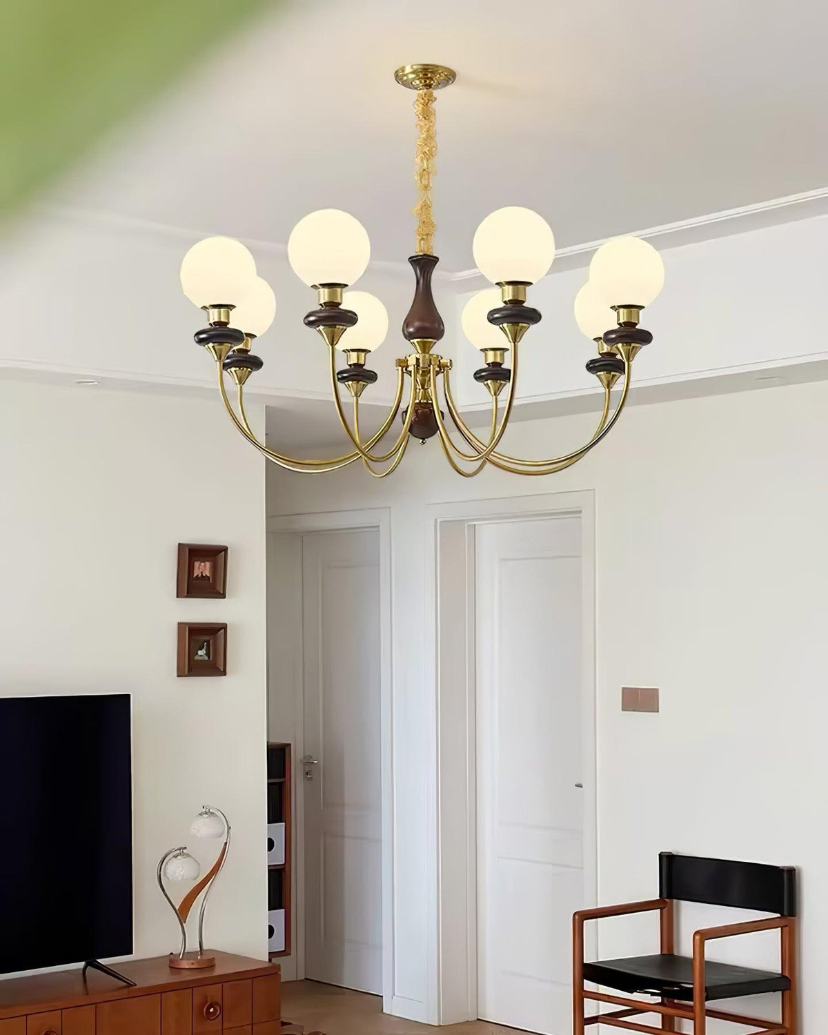 Chandelier Brass Curved Arms Walnut Vintage-Neutral Decor