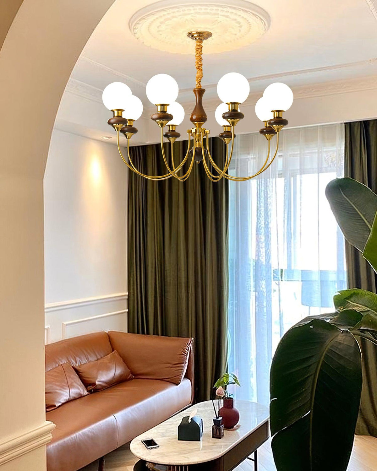 Chandelier Brass Curved Arms Walnut Vintage-Neutral Decor