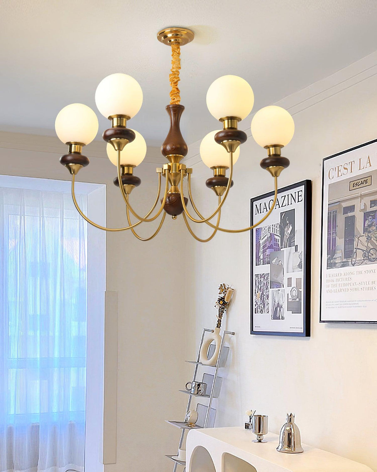 Chandelier Brass Curved Arms Walnut Vintage-Neutral Decor