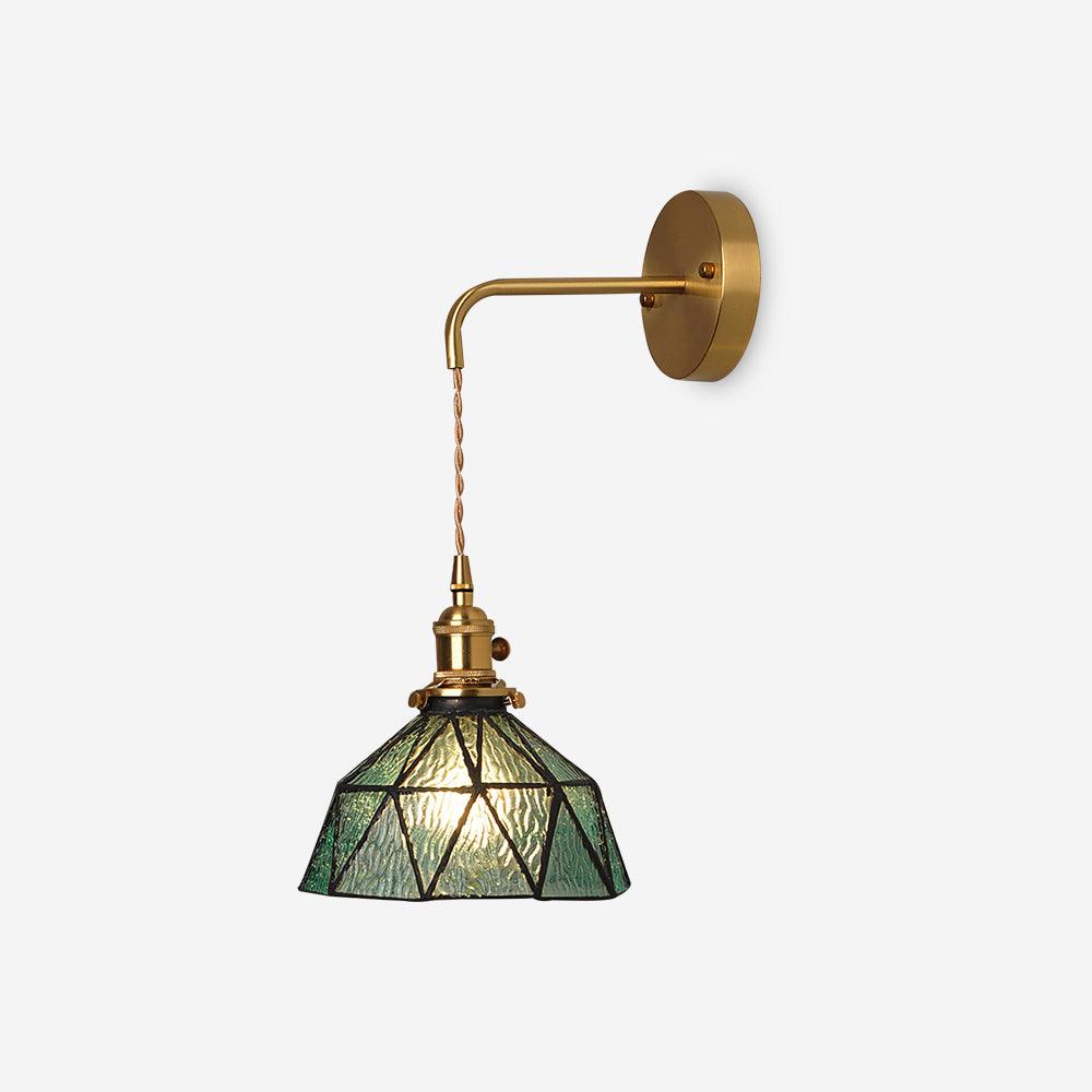 Wall Lamp Geometric Stained Glass Shade Vintage Brass Arm Pastoral-Neutral Decor