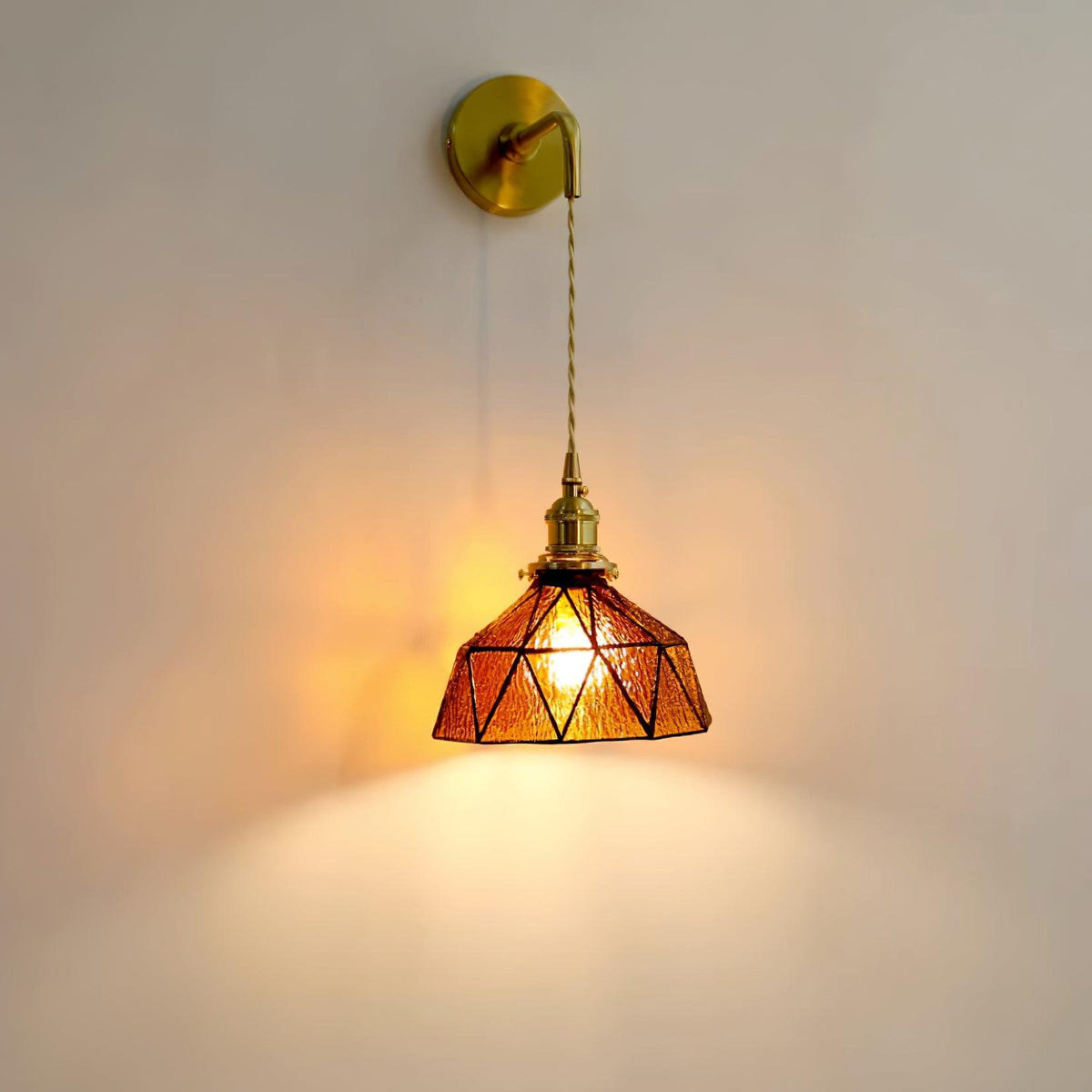 Wall Lamp Geometric Stained Glass Shade Vintage Brass Arm Pastoral-Neutral Decor