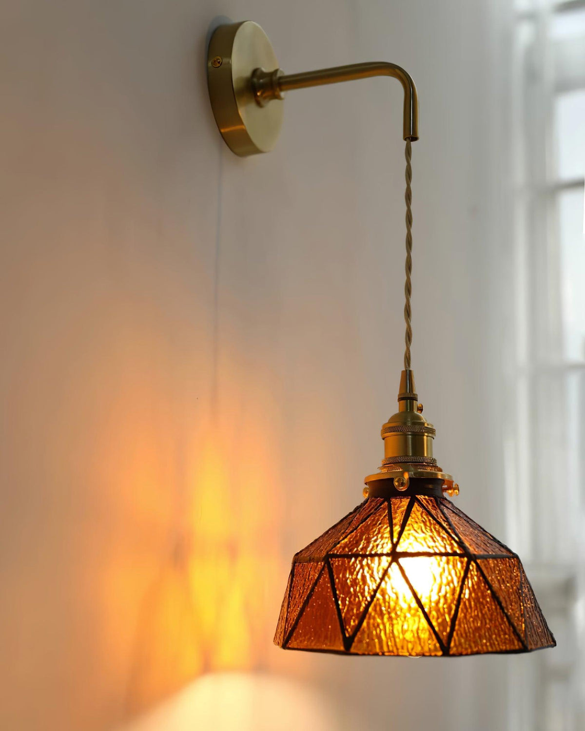 Wall Lamp Geometric Stained Glass Shade Vintage Brass Arm Pastoral-Neutral Decor