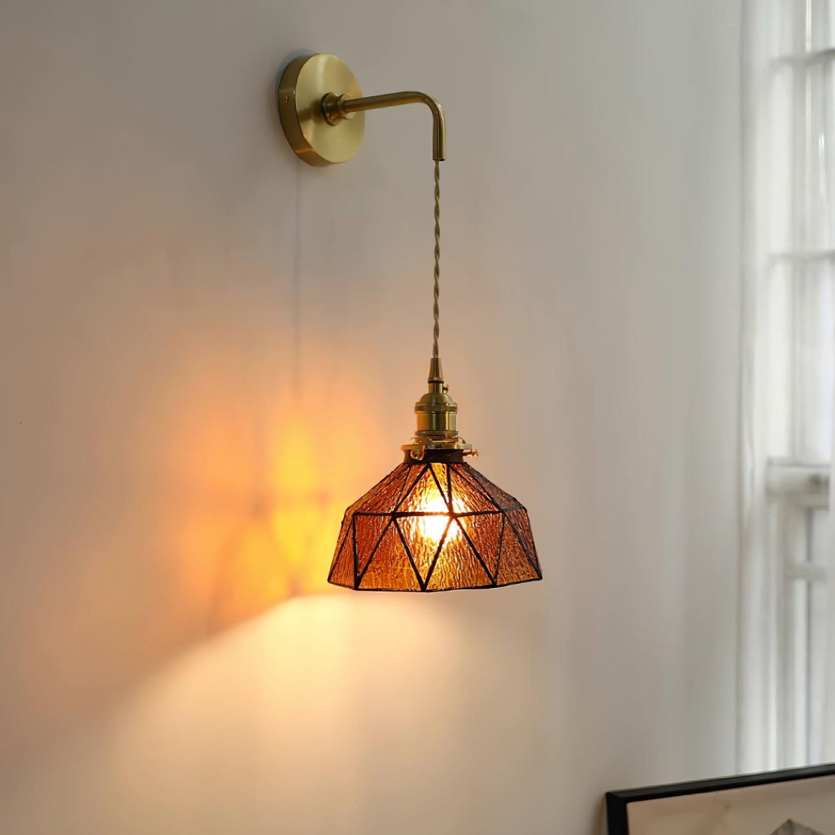 Wall Lamp Geometric Stained Glass Shade Vintage Brass Arm Pastoral-Neutral Decor