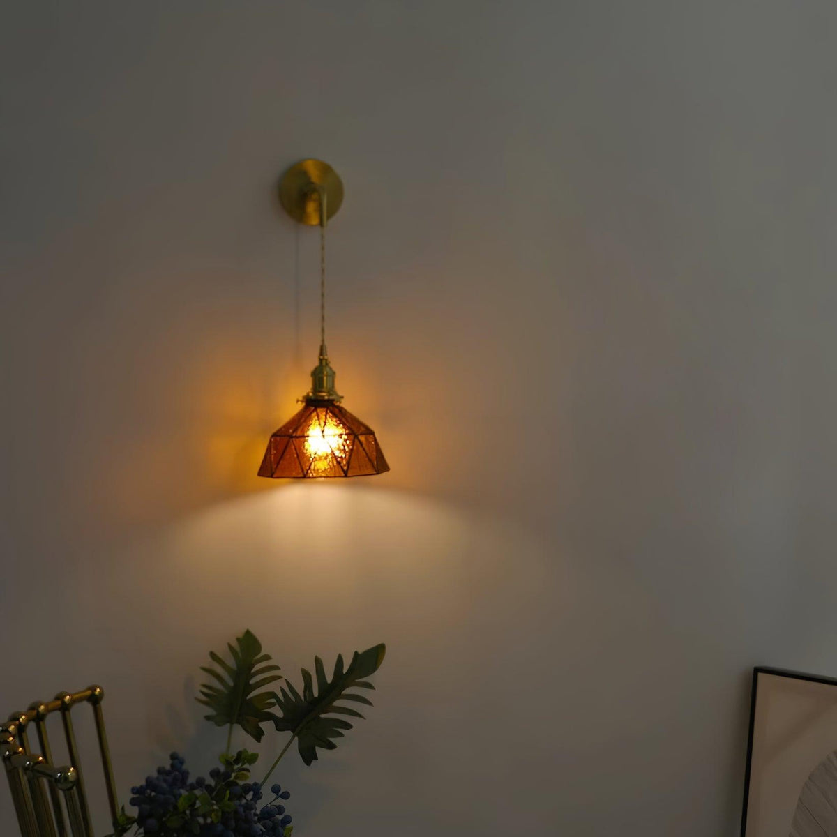Wall Lamp Geometric Stained Glass Shade Vintage Brass Arm Pastoral-Neutral Decor