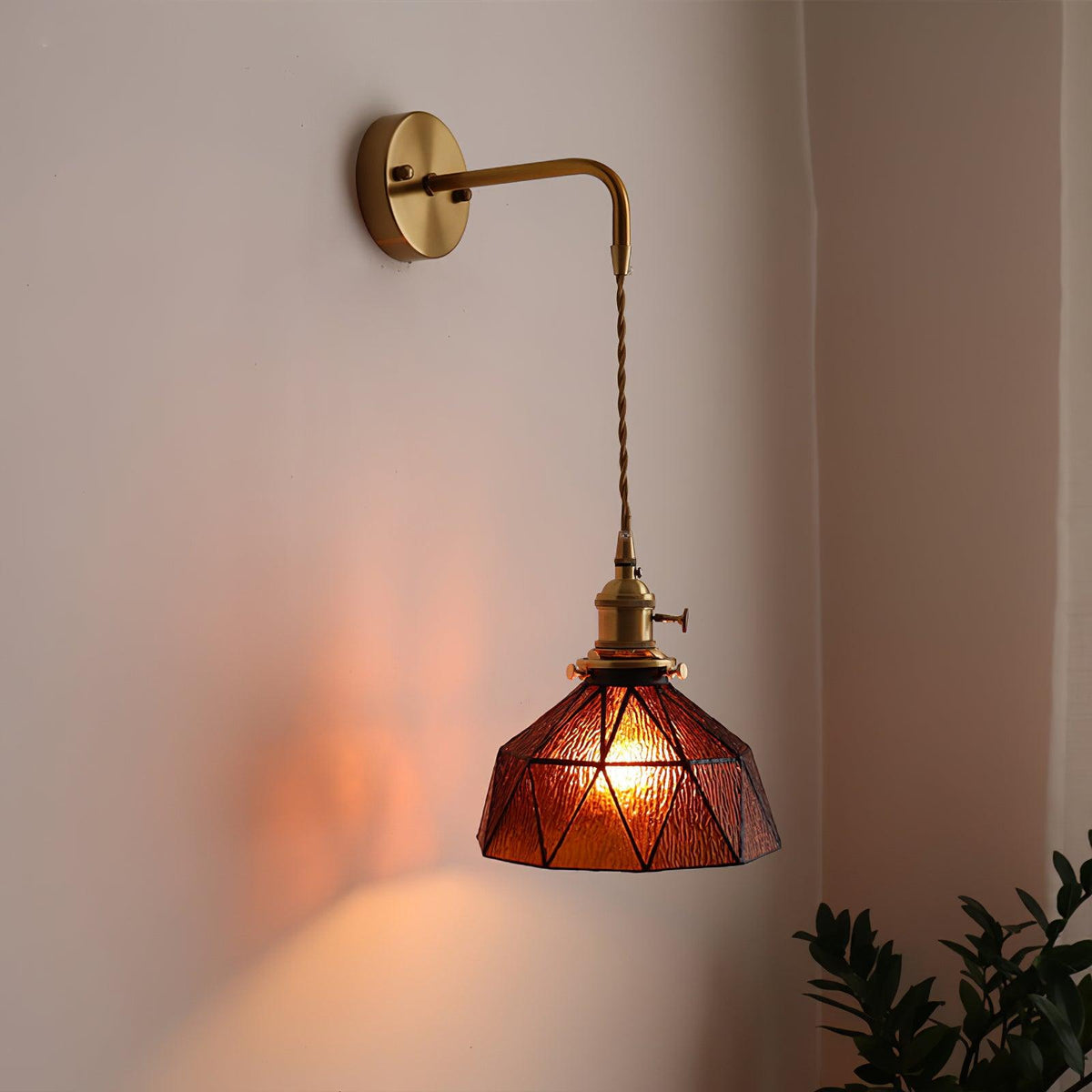 Wall Lamp Geometric Stained Glass Shade Vintage Brass Arm Pastoral-Neutral Decor