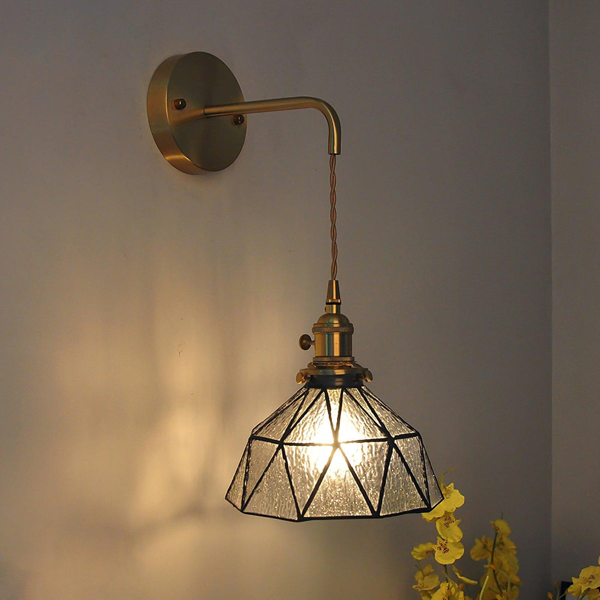 Wall Lamp Geometric Stained Glass Shade Vintage Brass Arm Pastoral-Neutral Decor