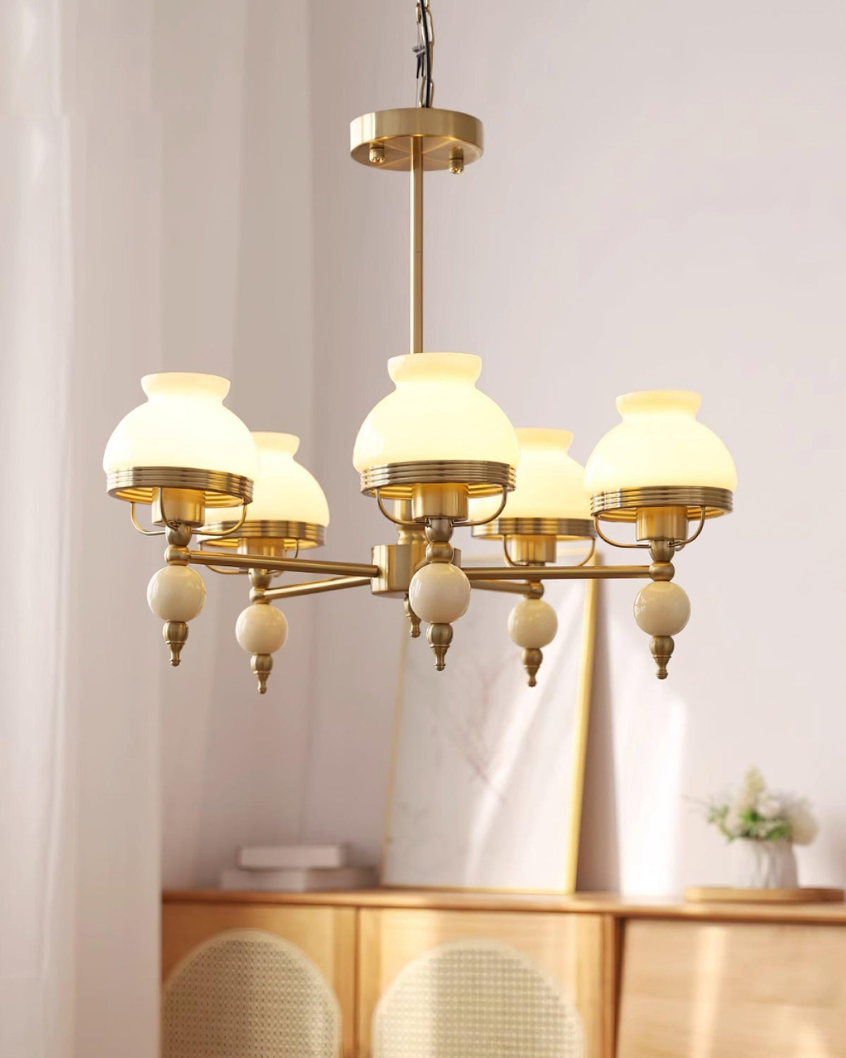 Chandelier Glass and Metal Fixture for Dining or Living Room Vintage-Neutral Decor