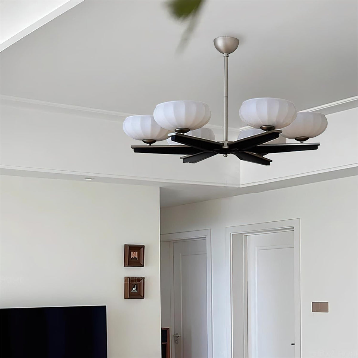 Chandelier Walnut Wood Arms and Opal Glass Shades Midcentury-Neutral Decor