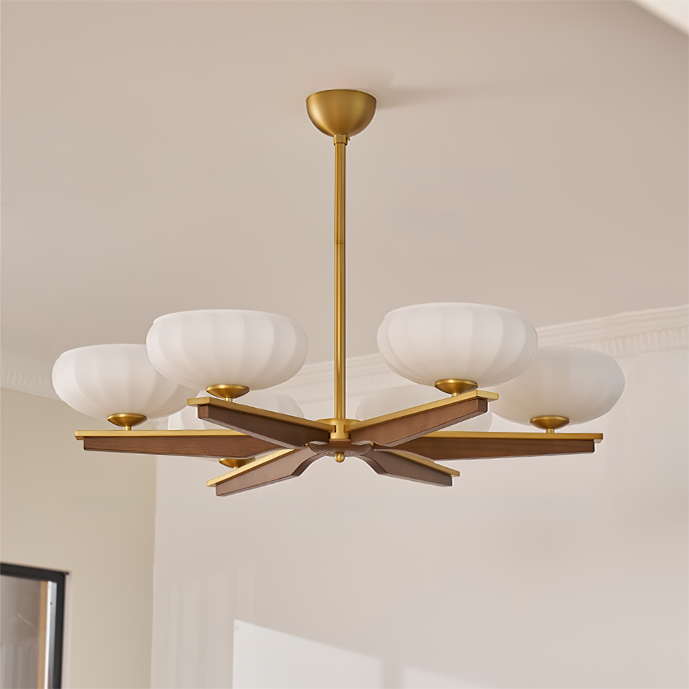 Chandelier Walnut Wood Arms and Opal Glass Shades Midcentury-Neutral Decor