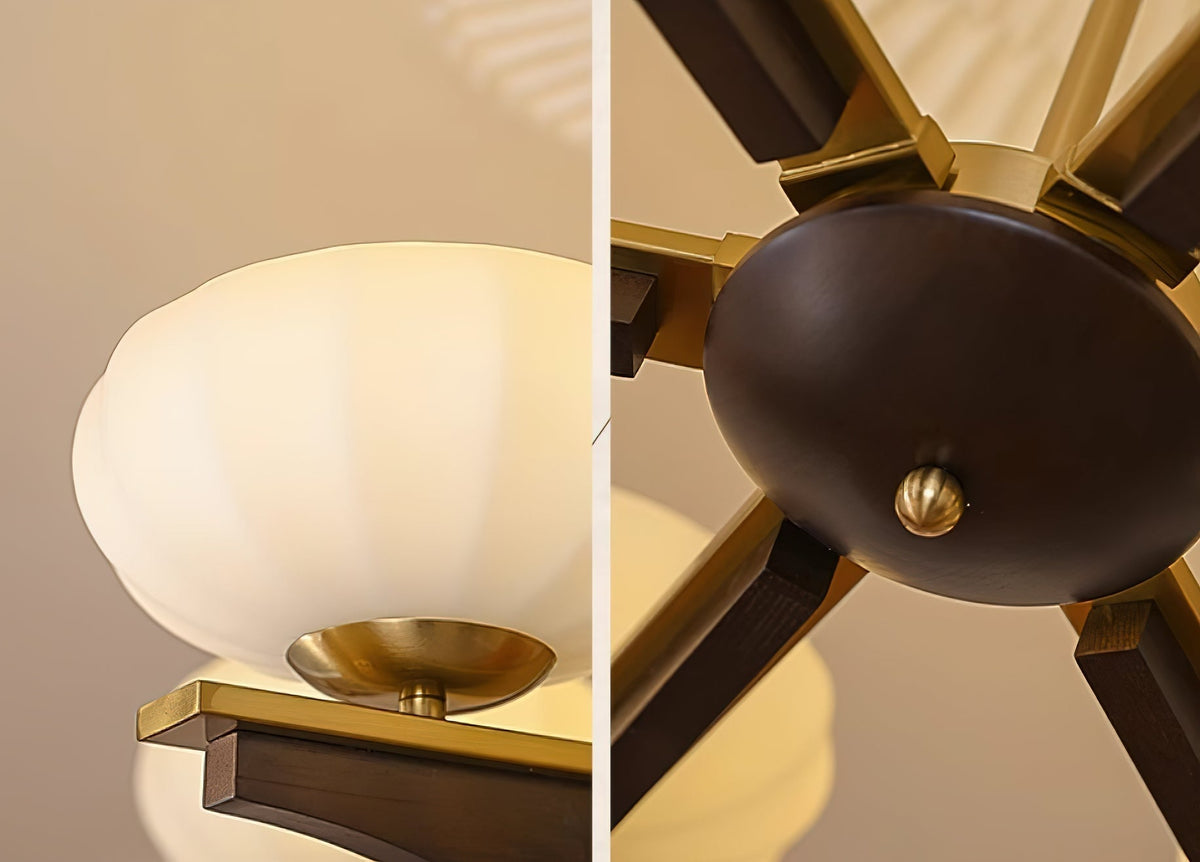 Chandelier Walnut Wood Arms and Opal Glass Shades Midcentury-Neutral Decor