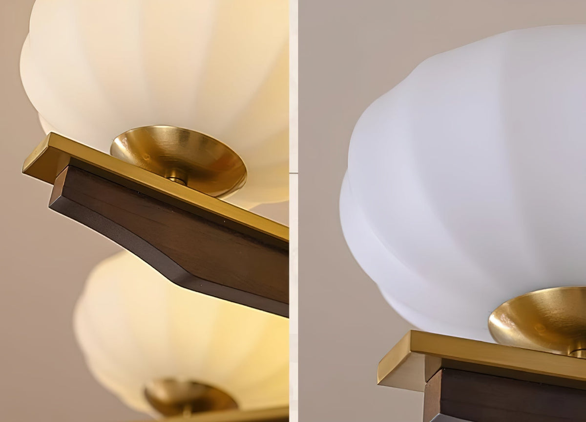Chandelier Walnut Wood Arms and Opal Glass Shades Midcentury-Neutral Decor