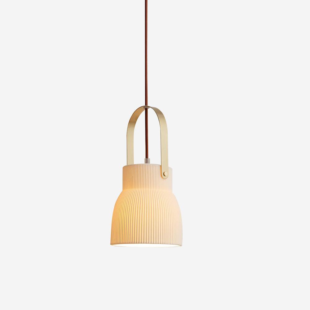 Pendant Lamp Ribbed White Ceramic with Brass Handle-Neutral Decor