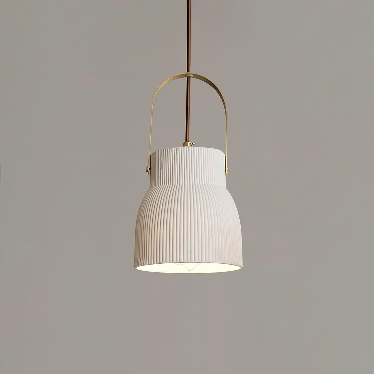 Pendant Lamp Ribbed White Ceramic with Brass Handle-Neutral Decor