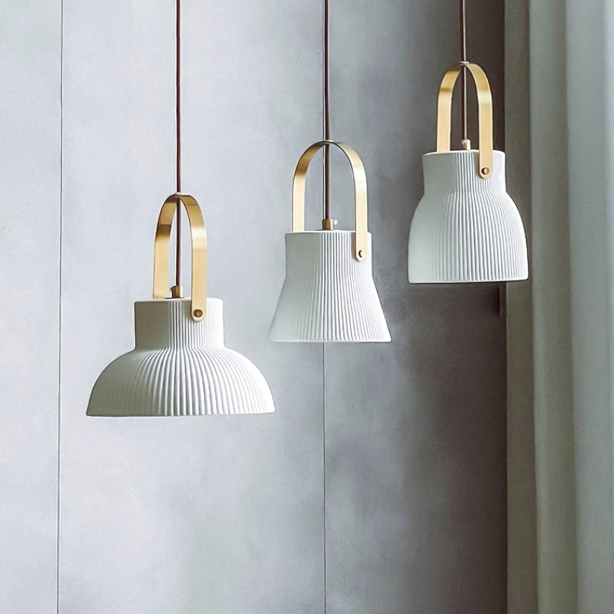 Pendant Lamp Ribbed White Ceramic with Brass Handle-Neutral Decor