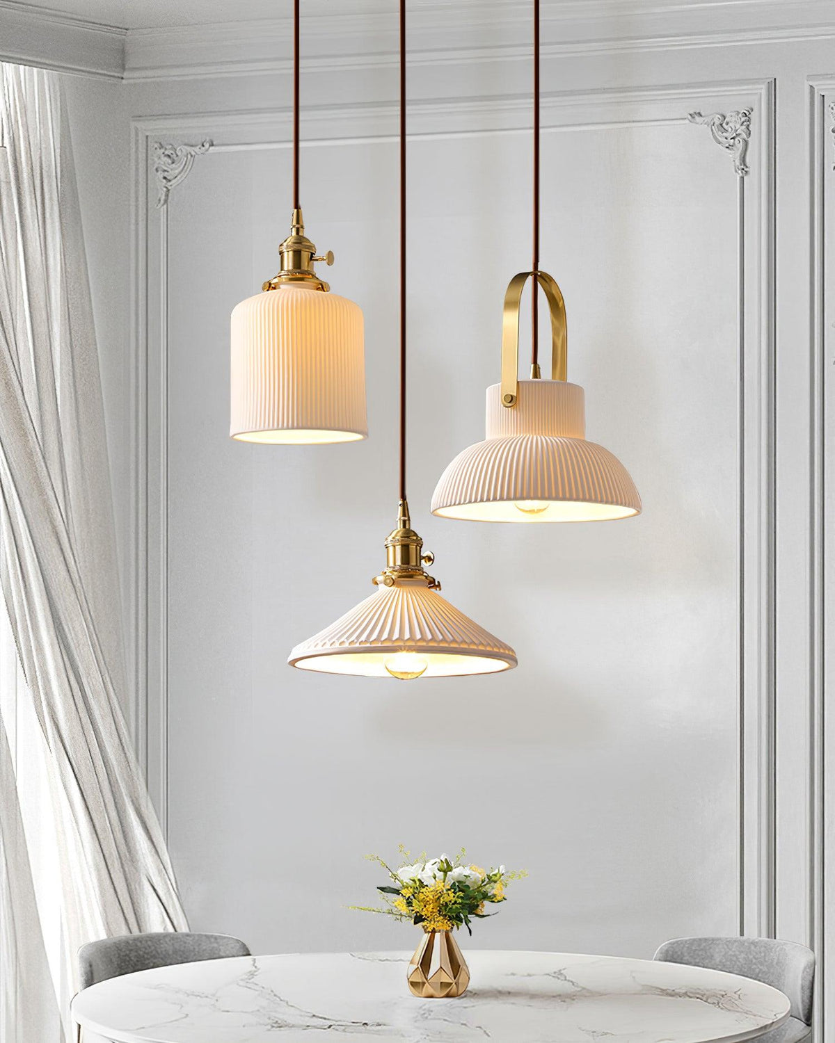 Pendant Lamp Ribbed White Ceramic with Brass Handle-Neutral Decor