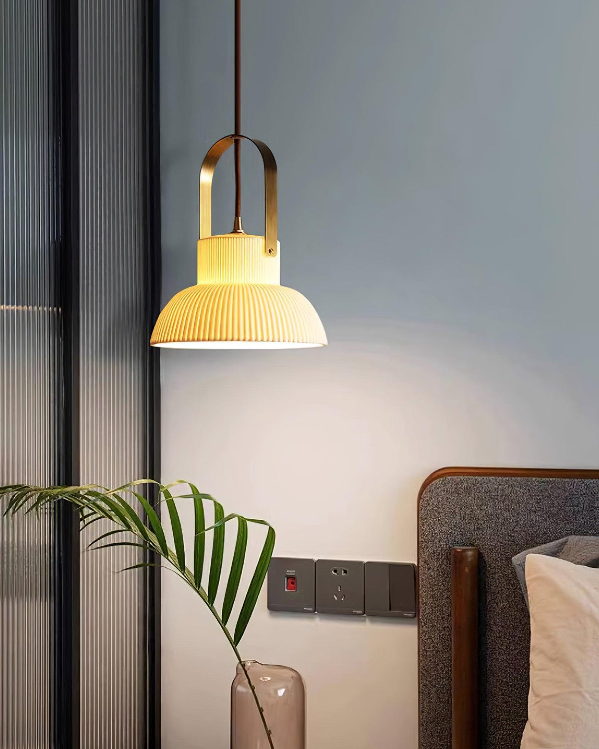 Pendant Lamp Ribbed White Ceramic with Brass Handle-Neutral Decor