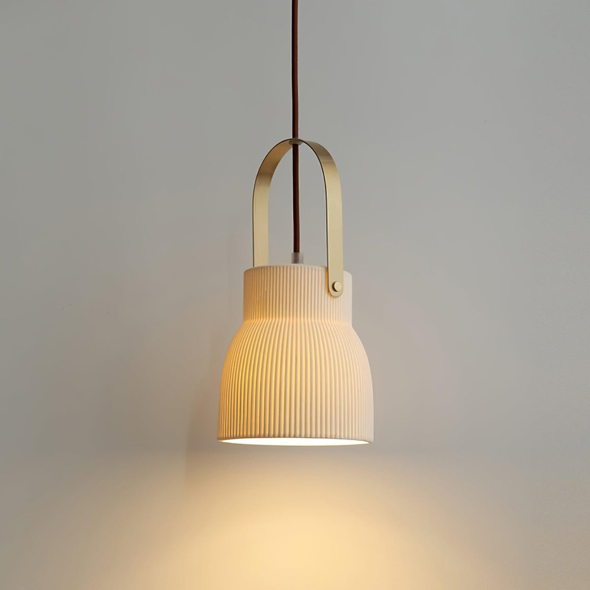 Pendant Lamp Ribbed White Ceramic with Brass Handle-Neutral Decor