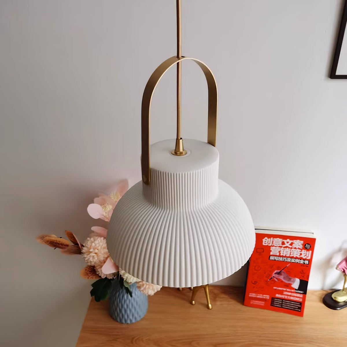 Pendant Lamp Ribbed White Ceramic with Brass Handle-Neutral Decor