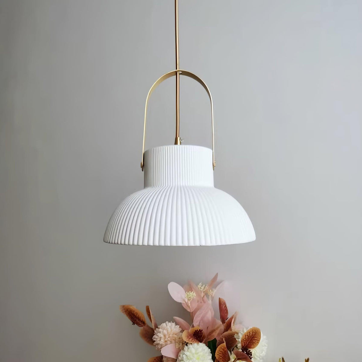 Pendant Lamp Ribbed White Ceramic with Brass Handle-Neutral Decor