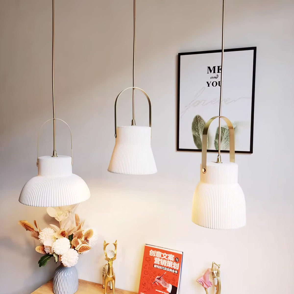 Pendant Lamp Ribbed White Ceramic with Brass Handle-Neutral Decor