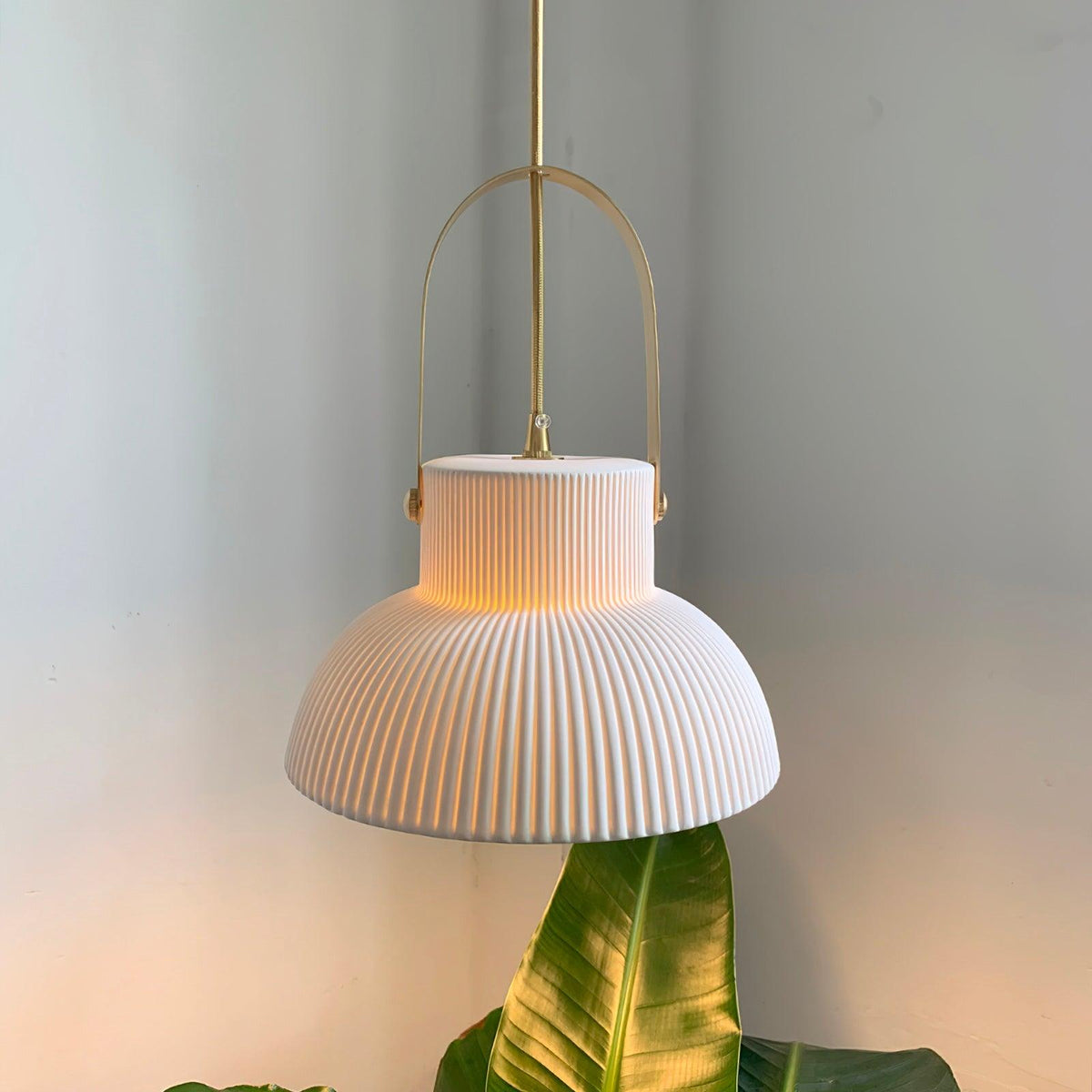 Pendant Lamp Ribbed White Ceramic with Brass Handle-Neutral Decor