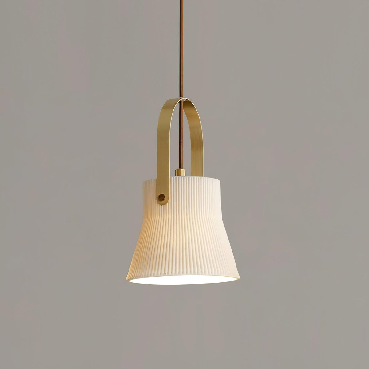 Pendant Lamp Ribbed White Ceramic with Brass Handle-Neutral Decor