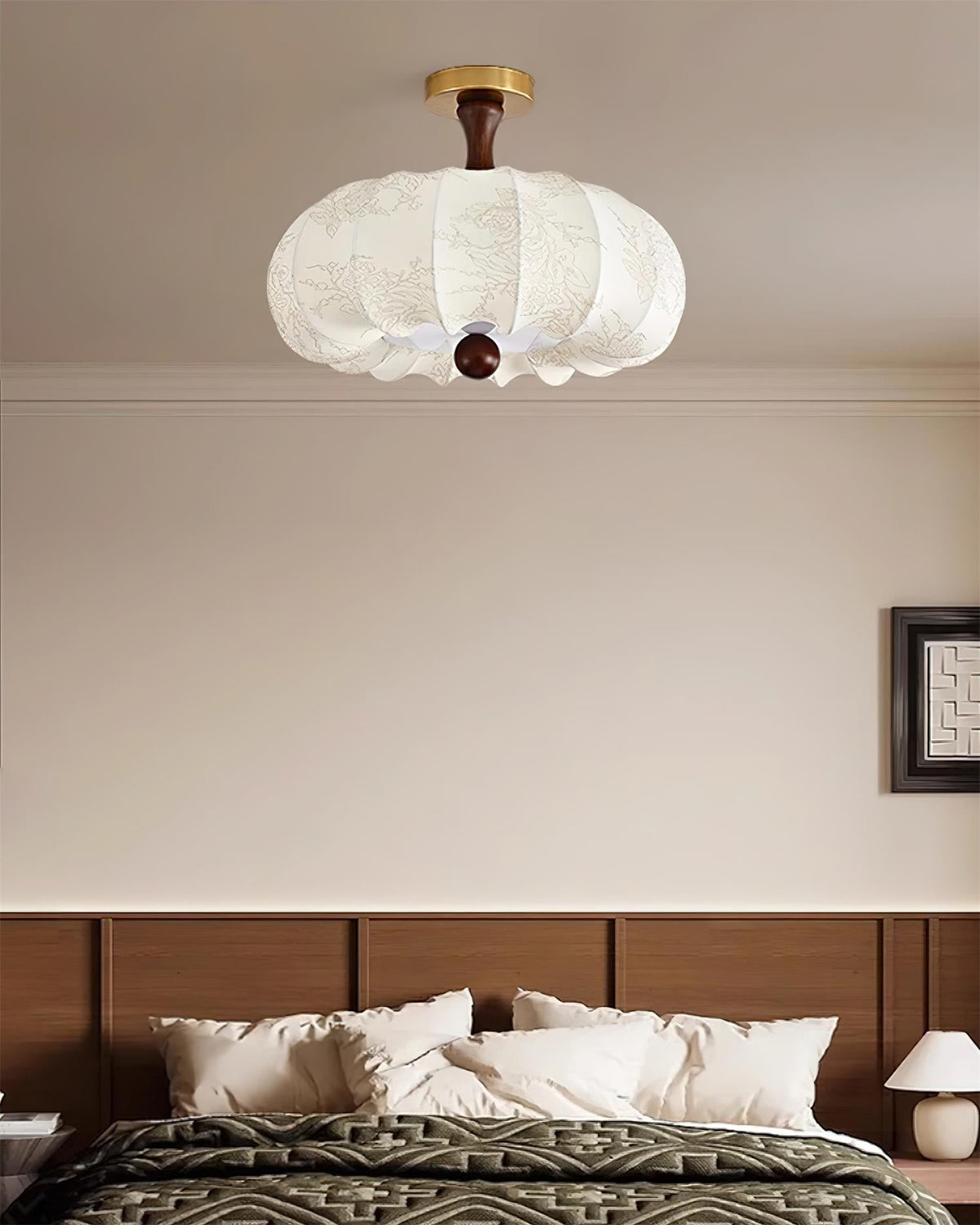 Ceiling Light Scalloped Fabric Shade Walnut Wood Canopy Vintage-Neutral Decor