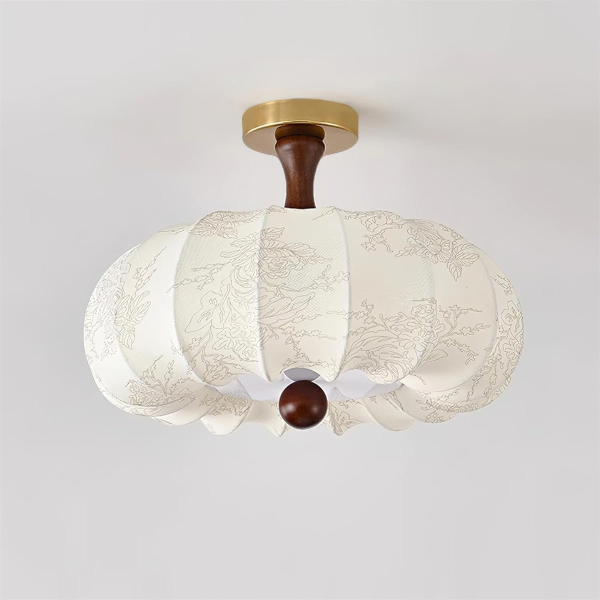 Ceiling Light Scalloped Fabric Shade Walnut Wood Canopy Vintage-Neutral Decor