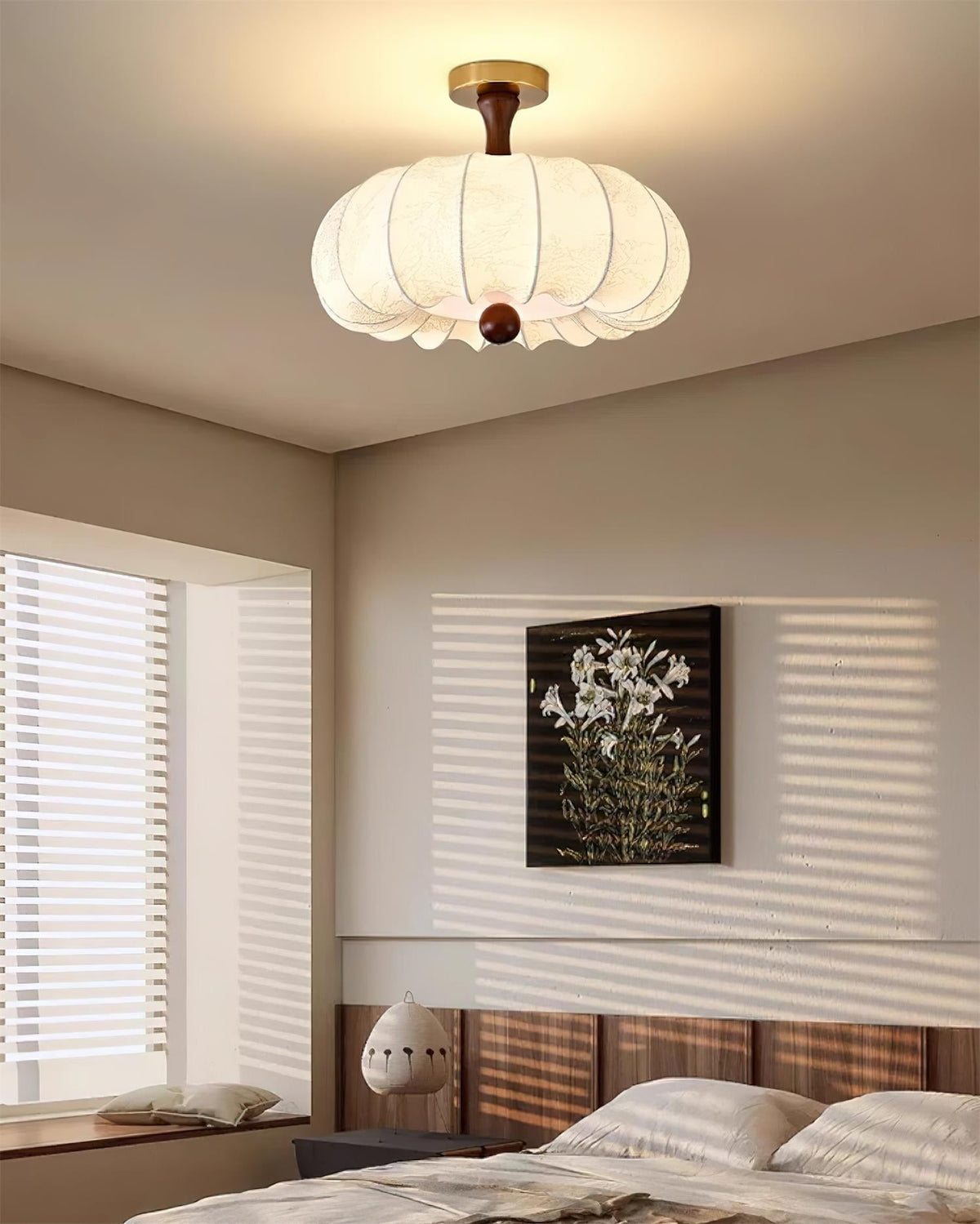 Ceiling Light Scalloped Fabric Shade Walnut Wood Canopy Vintage-Neutral Decor
