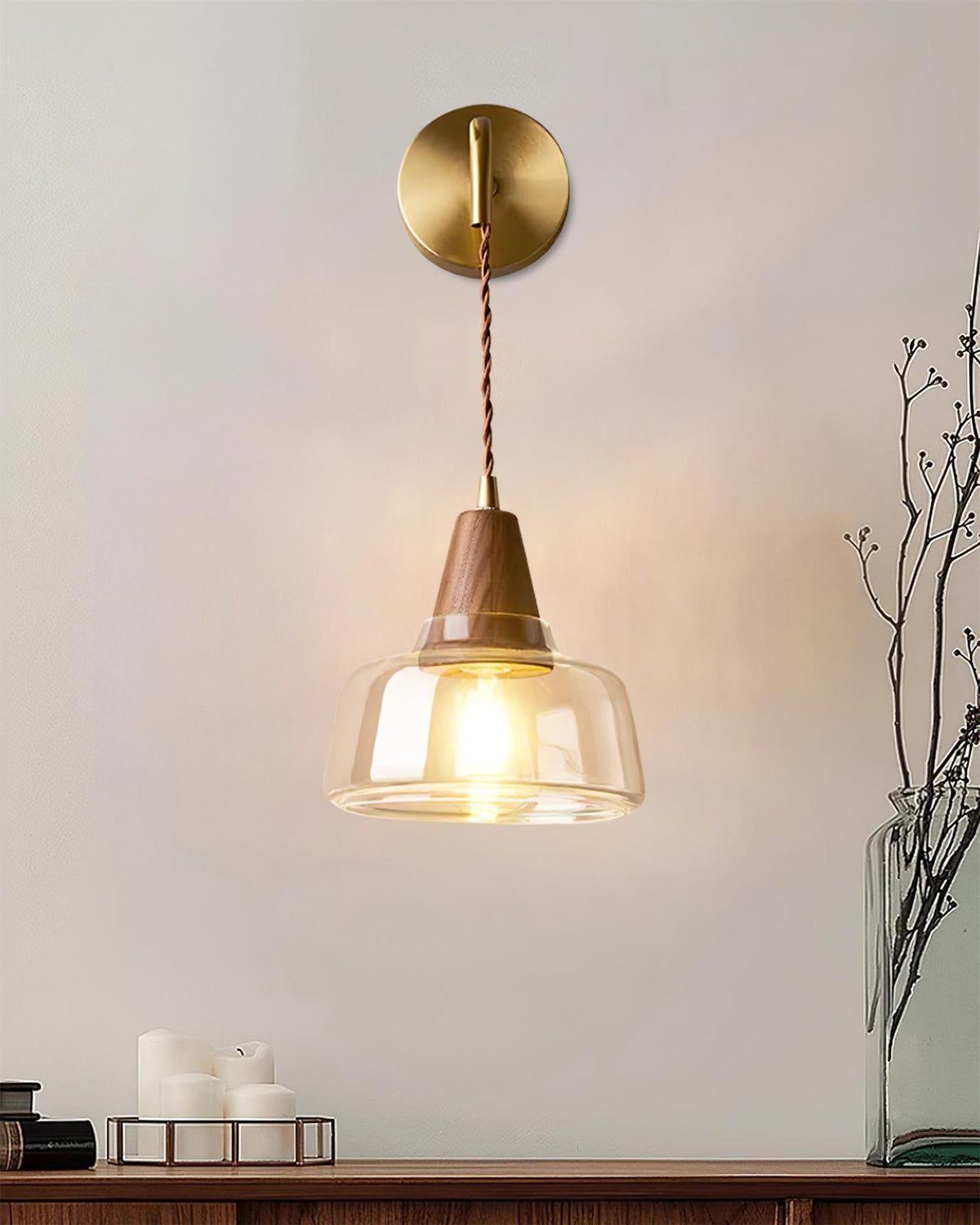 Wall Lamp Amber Glass Shade Tapered Walnut Accent Soft Glow Modern-Neutral Decor